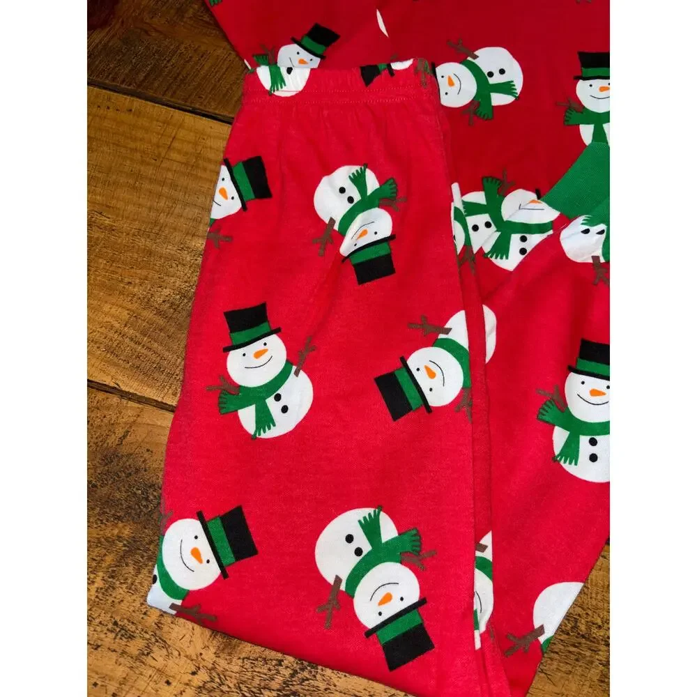 NEW Sara’s Prints Kids Red Green Snowman 2 Piece Pajama Set Flame Resistant 5‎